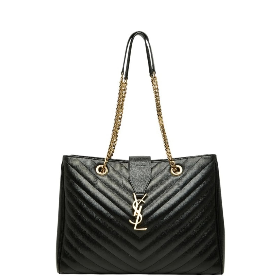 SAINT LAURENT CASSANDRA YSL LOGO CHAIN TOTE BAG: Saint Laurent Cassandra YSL Logo Chain Tote Bag Brand: Saint Laurent Type/Style: Shoulder bag, Tote bag Material: Leather Color: Black Size: (HxWxD) 26cm x 34cm x 9cm / 10.23inch x 13.38inch x 3.54inc