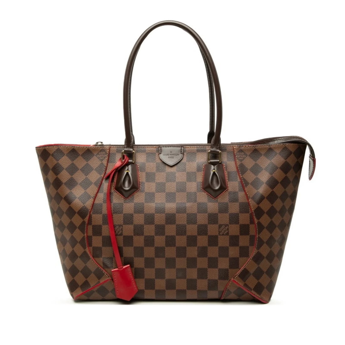 LOUIS VUITTON DAMIER MM TOTE BAG: Louis Vuitton Damier MM Tote Bag Brand: Louis Vuitton Type/Style: Shoulder bag, Tote bag Material: PVC , Leather Color: Brown, Cerise, Damier Canvas, Red color Size: (HxWxD) 24cm x 15cm / 9.44inch x 5