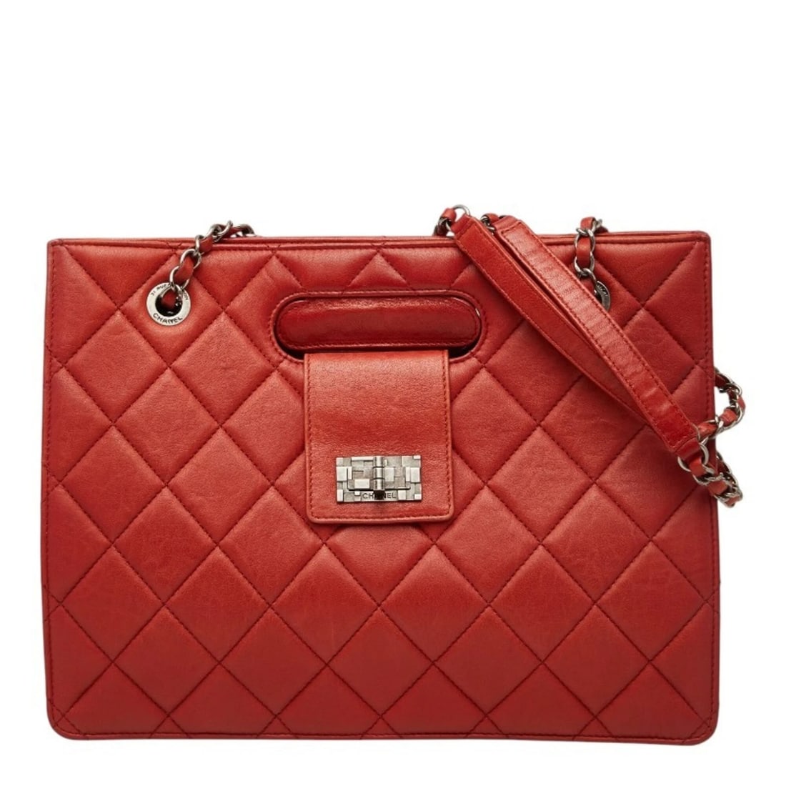 CHANEL 2.55 COCO MARK MATELASSE CHAIN SHOULDER BAG: Chanel 2.55 Coco Mark Matelasse Chain Shoulder Bag Brand: Chanel Type/Style: Handbag, Shoulder bag Material: Leather Color: Red Size: (HxWxD) 25cm x 33cm x 6cm / 9.84inch x 12.99inch x 2.36inch Ac