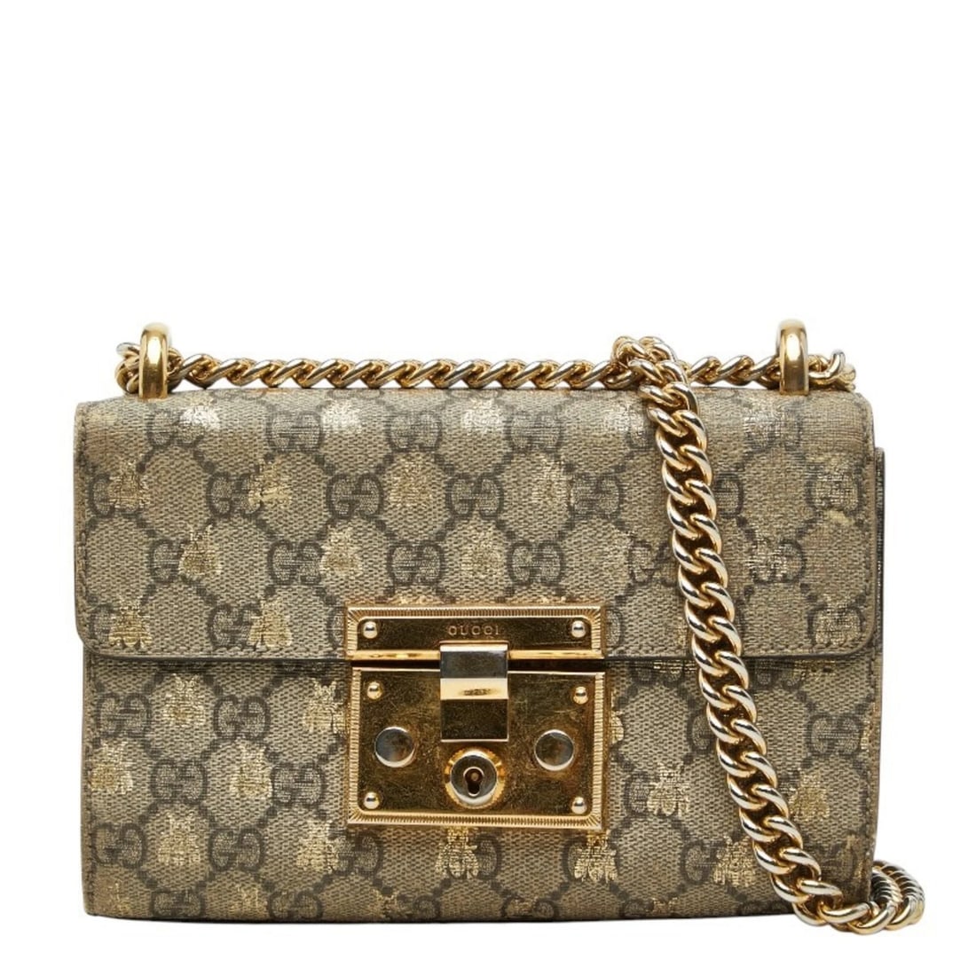 GUCCI GG SUPREME PADLOCK CHAIN SHOULDER BAG: Gucci GG Supreme Padlock Chain Shoulder Bag Brand: Gucci Type/Style: Shoulder bag Material: Leather Color: Black, Gold Size: (HxWxD) 13cm x 19.5cm x 6.5cm / 5.11inch x 7.67inch x 2.55inch Accessor