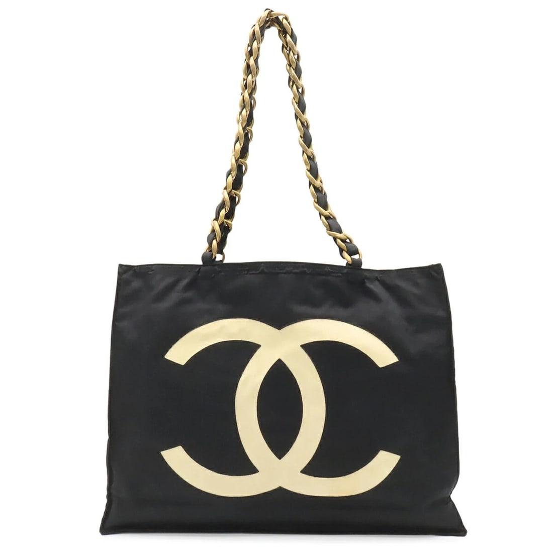 CHANEL COCO MARK CHAIN TOTE BAG: CHANEL Coco Mark Chain Tote Bag Brand: Chanel Type/Style: Shoulder bag, Tote bag Material: Nylon canvas Color: Black, White Size: (HxWxD) 31cm x 41cm x 10.5cm / 12.2inch x 16.14inch x 4.13inch Acc