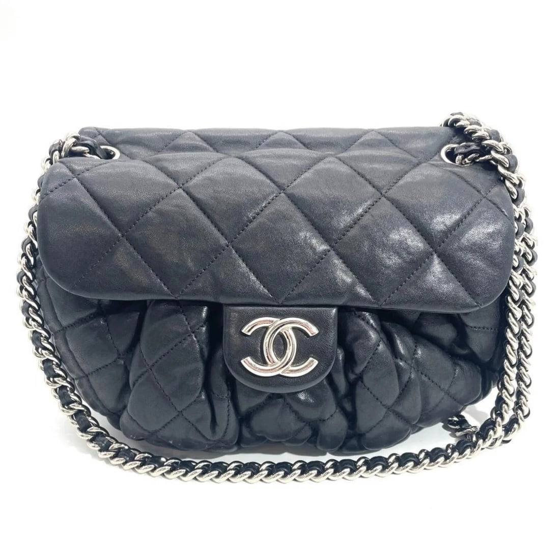 CHANEL MATELASSE CHAIN AROUND SHOULDER BAG: Chanel Matelasse Chain Around Shoulder Bag Brand: Chanel Type/Style: Shoulder bag Material: Leather Color: Black Size: (HxWxD) 21cm x 24cm x 7cm / 8.26inch x 9.44inch x 2.75inch Accessories: None