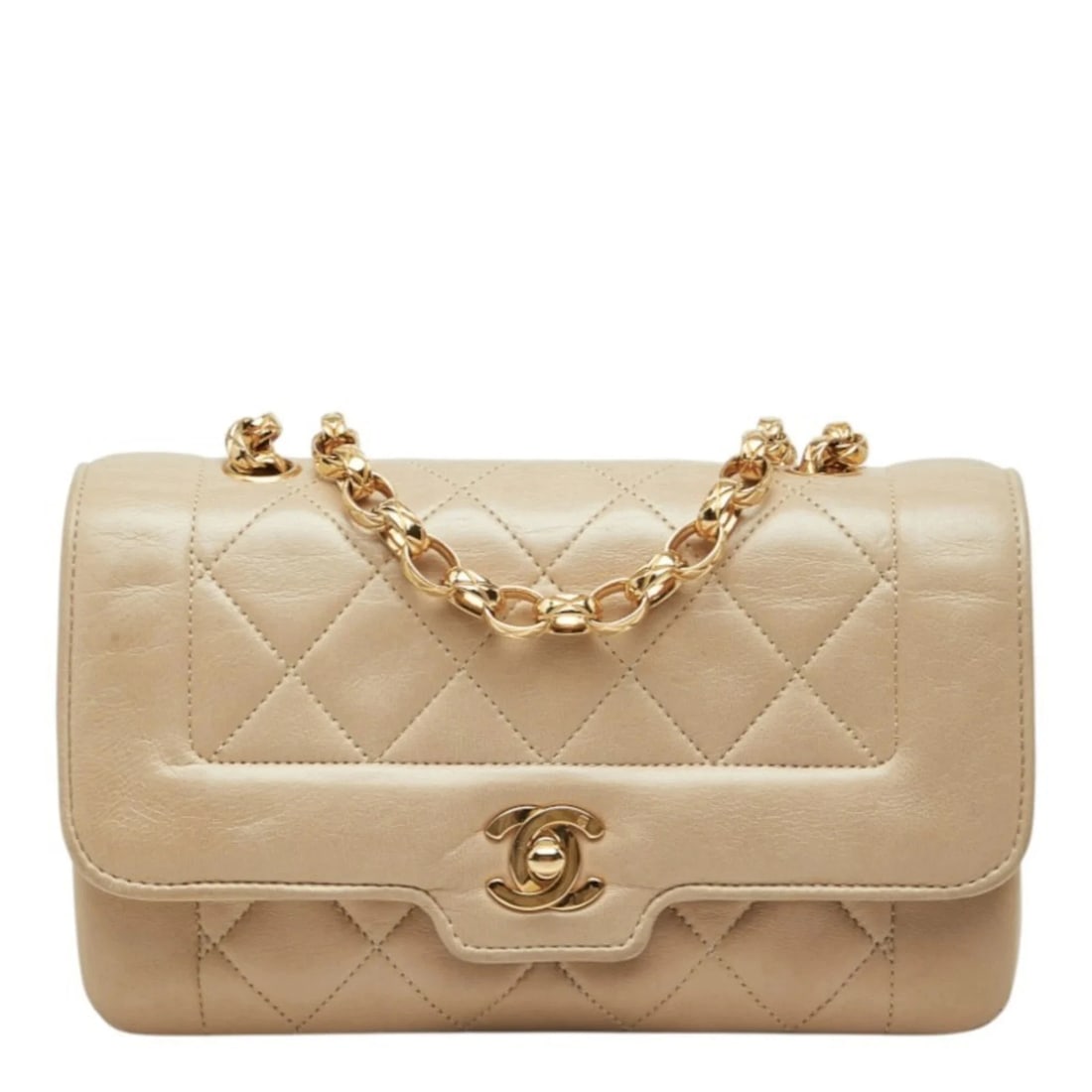 CHANEL DIANA COCO MARK CHAIN SHOULDER BAG: Chanel Diana Coco Mark Chain Shoulder Bag Brand: Chanel Type/Style: Shoulder bag Material: Leather Color: Beige Size: (HxWxD) 11.5cm x 19cm x 5.5cm / 4.52inch x 7.48inch x 2.16inch Accessories: No
