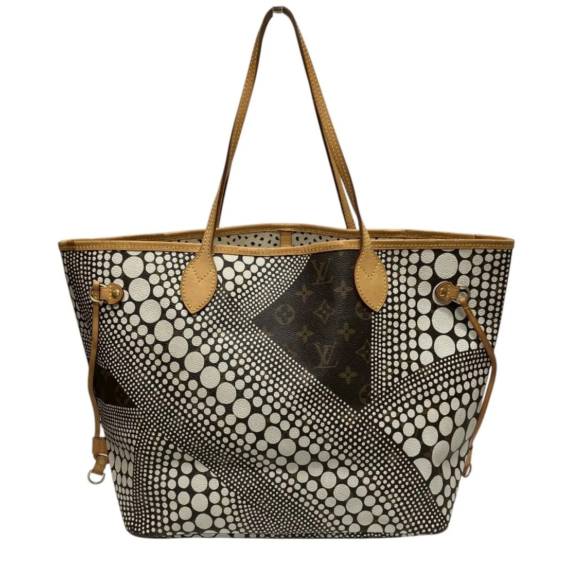 LOUIS VUITTON X YAYOI KUSAMA COLLABORATION NEVERFULL MM TOTE BAG: Louis Vuitton x Yayoi Kusama Collaboration Neverfull MM Tote Bag Brand: Louis Vuitton Type/Style: Tote bag Material: Monogram Color: Blanc, Marron Size: (HxWxD) 28cm x 44cm x 16cm / 11.02inch x