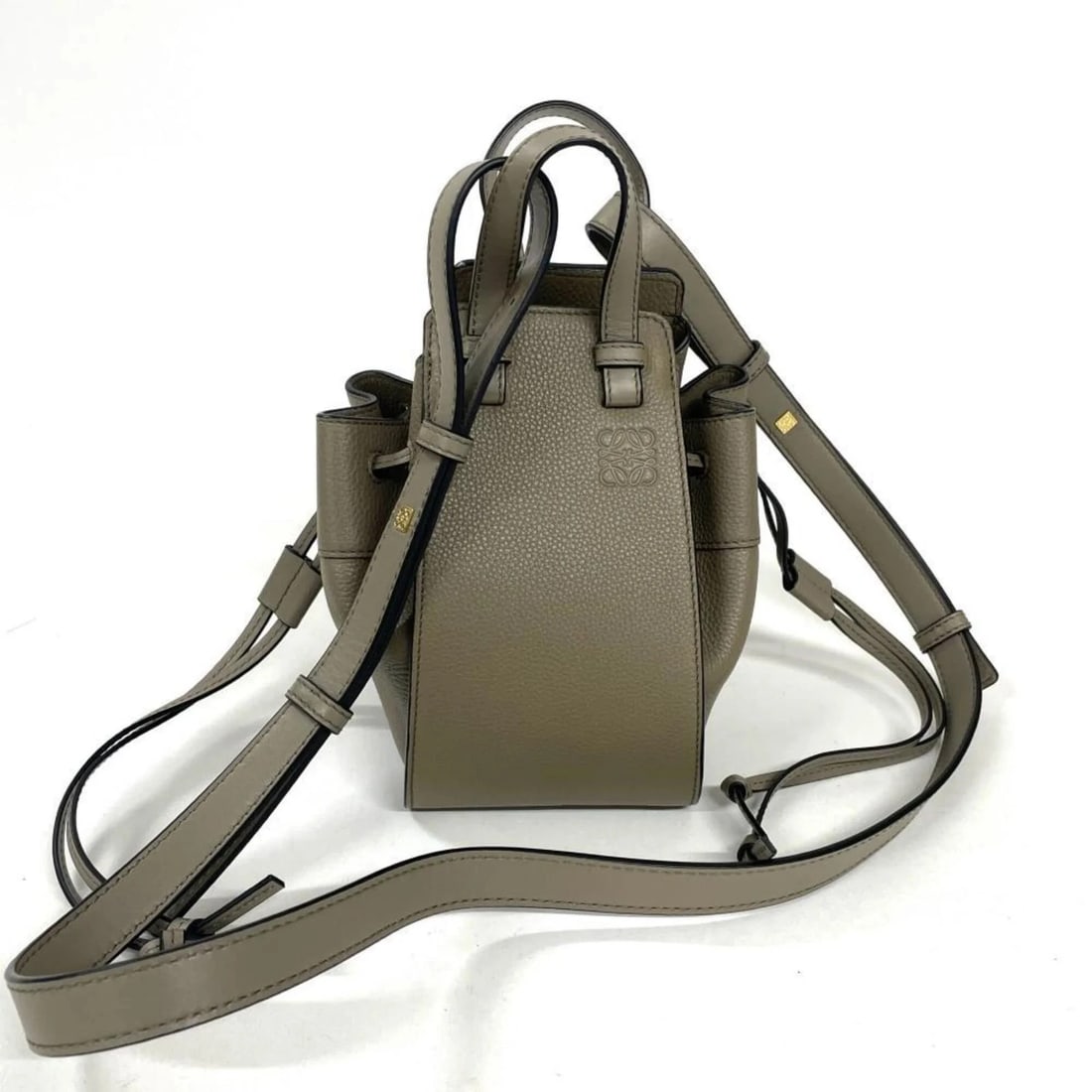 LOEWE HAMMOCK DRAWSTRING MINI HANDBAG: Loewe Hammock Drawstring Mini Handbag Brand: Loewe Type/Style: Handbag Material: Leather Color: Gray Size: (HxWxD) 19cm x 20cm x 15.5cm / 7.48inch x 7.87inch x 6.1inch Accessories: None Ac