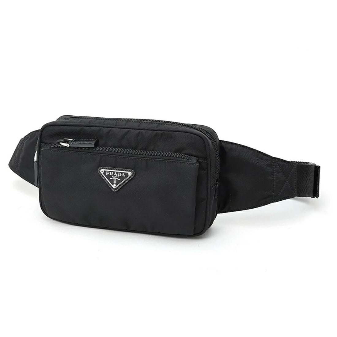 PRADA RE-NYLON X SAFFIANO LEATHER BELT BAG: Prada Re-Nylon x Saffiano Leather Belt Bag Brand: Prada Type/Style: Fanny pack Material: Fabric , Saffiano triangle Color: Black, Nero Size: (HxWxD) 12cm x 21cm x 4cm / 4.72inch x 8.26inch x 1.57inch 
