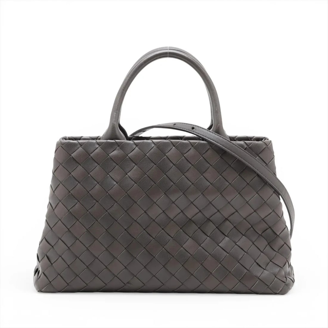 BOTTEGA VENETA INTRECCIATO LEATHER 2 WAY HANDBAG: Bottega Veneta Intrecciato Leather 2 Way Handbag Brand: Bottega Veneta Type/Style: Top Handle Bag Material: Leather Color: Gray Size: Height:7.5inchLength:11.4inchDepth:4.7inch Accessories: None <