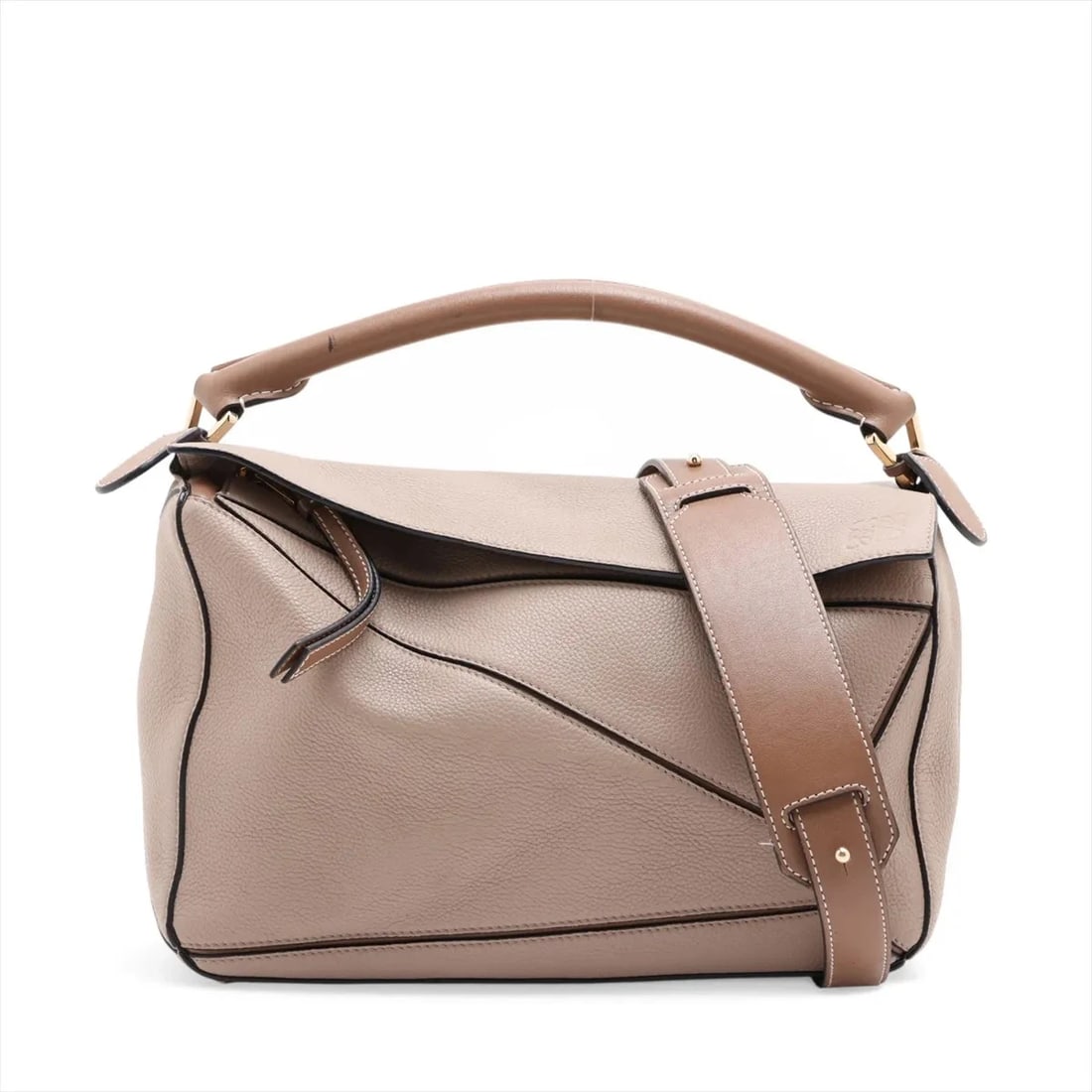 LOEWE PUZZLE MEDIUM LEATHER 2 WAY SHOULDER BAG: Loewe Puzzle Medium Leather 2 Way Shoulder Bag Brand: Loewe Type/Style: Top Handle Bag Material: Leather Color: Gray x brown Size: Height:6.7inchLength:11.0inchDepth:4.7inch Accessories: None