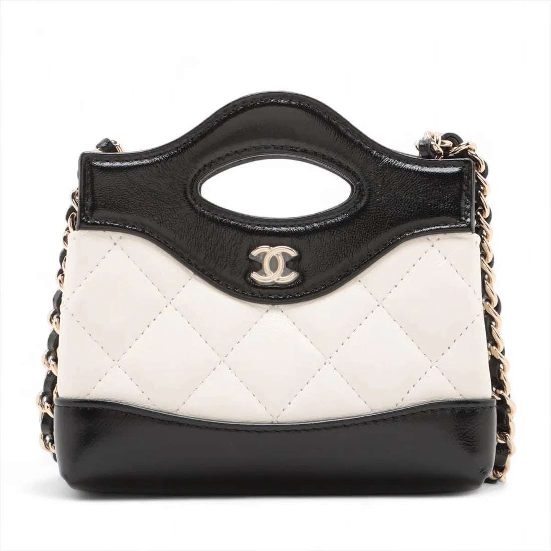 CHANEL 31 LEATHER CHAIN SHOULDER BAG: Chanel 31 Leather Chain Shoulder Bag Brand: Chanel Type/Style: Shoulder Bag Material: Leather Color: Black ×White Size: Height:4.7inchLength:4.9inchDepth:1.4inch Accessories: None Accessor