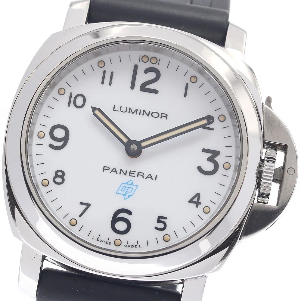 PANERAI BASE LOGO ACCIAIO WHITE DIAL HAND WINDING WATCH: PANERAI Base Logo Acciaio White Dial Hand Winding Watch Brand: PANERAI Type/Style: Wristwatch Material: Band Material rubber, Case Material Stainless Steel Color: Band Color black, Case Color Silver,