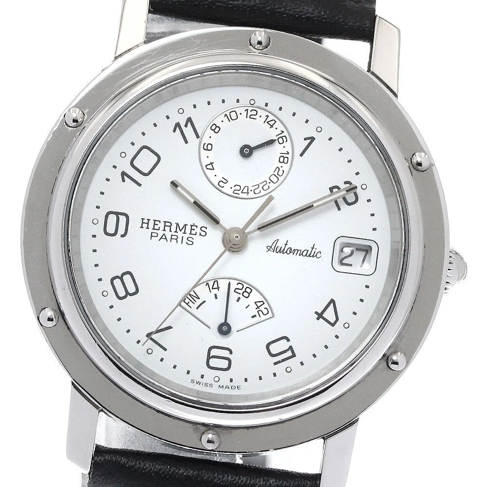 HERMES CLIPPER GMT DATE WHITE DIAL AUTOMATIC WATCH: HERMES Clipper GMT date white Dial Automatic Watch Brand: HERMES Type/Style: Wristwatch Material: Band Material leather, Case Material Stainless Steel Color: Band Color black, Case Color Silver, Dial 