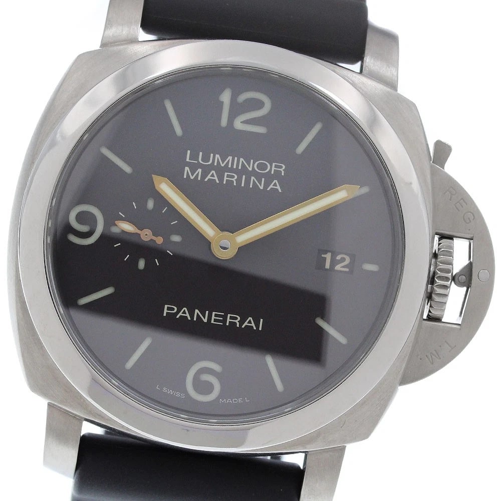 PANERAI LUMINOR MARINA DATE AUTOMATIC WATCH: PANERAI Luminor Marina Date Automatic Watch Brand: PANERAI Type/Style: Wristwatch Material: Band Material rubber, Case Material titanium Color: Band Color black, Case Color Silver, Dial Color Dark