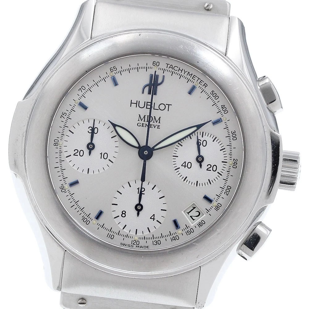 HUBLOT MDM CHRONOGRAPH DATE SILVER DIAL AUTOMATIC WATCH: HUBLOT MDM Chronograph Date Silver Dial Automatic Watch Brand: HUBLOT Type/Style: Wristwatch Material: Band Material rubber, Case Material Stainless Steel Color: Band Color black, Case Color Silver, D
