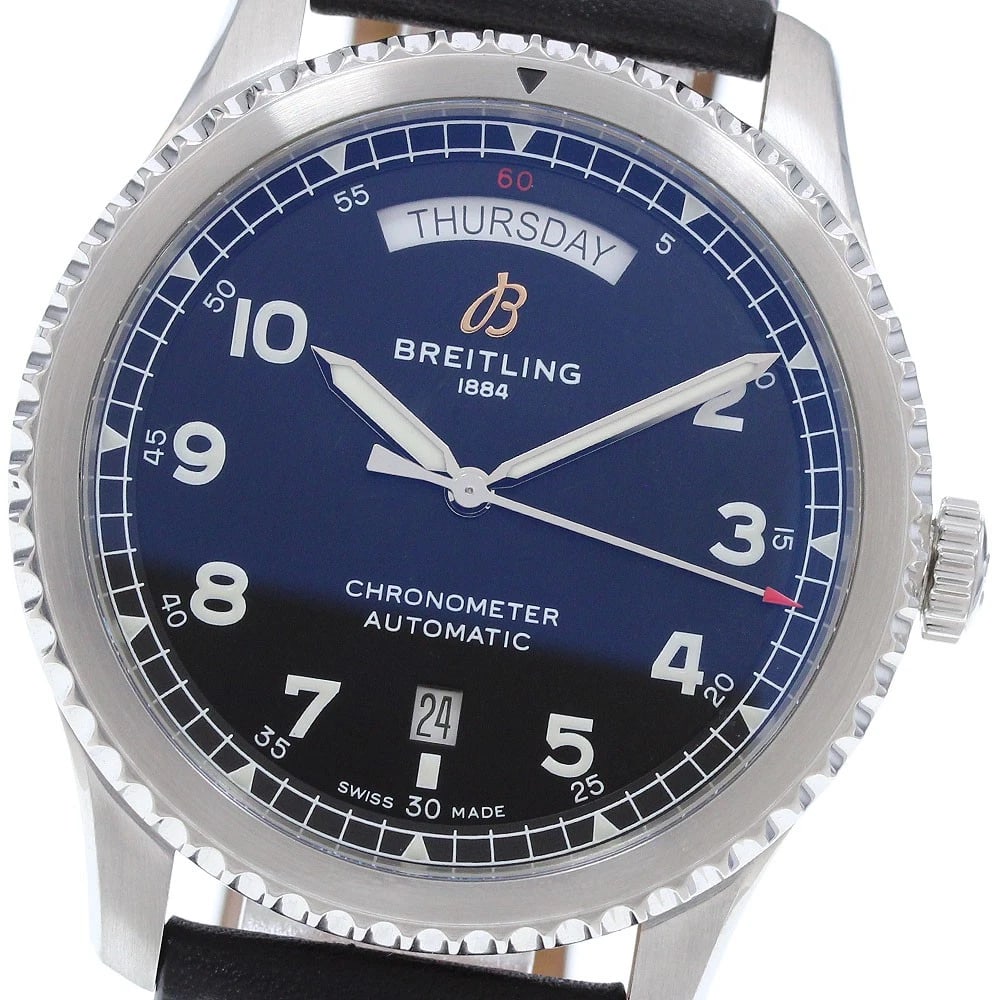 BREITLING AVIATOR DAY DATE BLACK DIAL AUTOMATIC WATCH: BREITLING Aviator Day date Black Dial Automatic Watch Brand: BREITLING Type/Style: Wristwatch Material: Band Material leather, Case Material Stainless Steel Color: Band Color black, Case Color