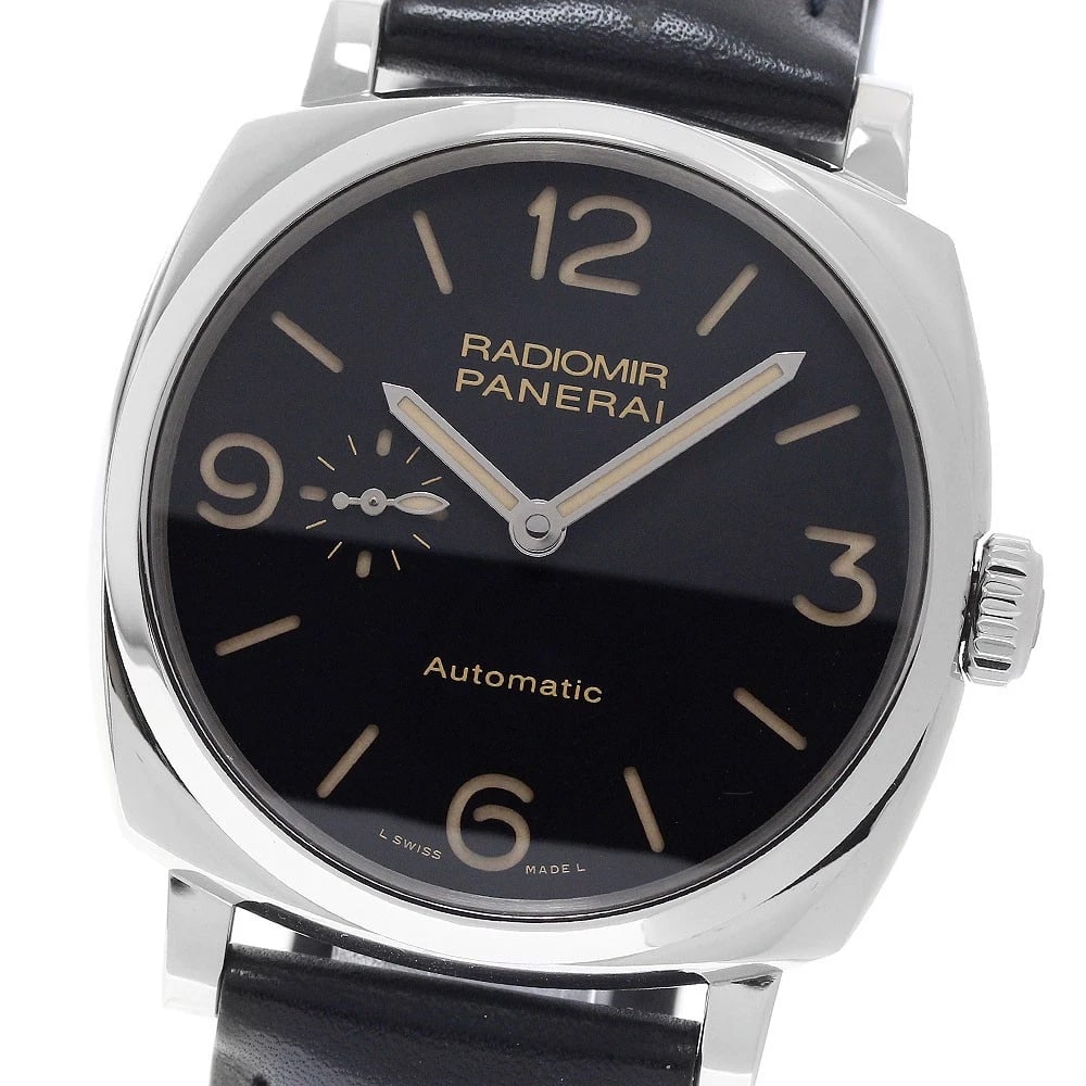 PANERAI RADIOMIR ACCIAIO AUTOMATIC WATCH: PANERAI Radiomir Acciaio Automatic Watch Brand: PANERAI Type/Style: Wristwatch Material: Band Material leather, Case Material Stainless Steel Color: Band Color black, Case Color Silver, Dial Color