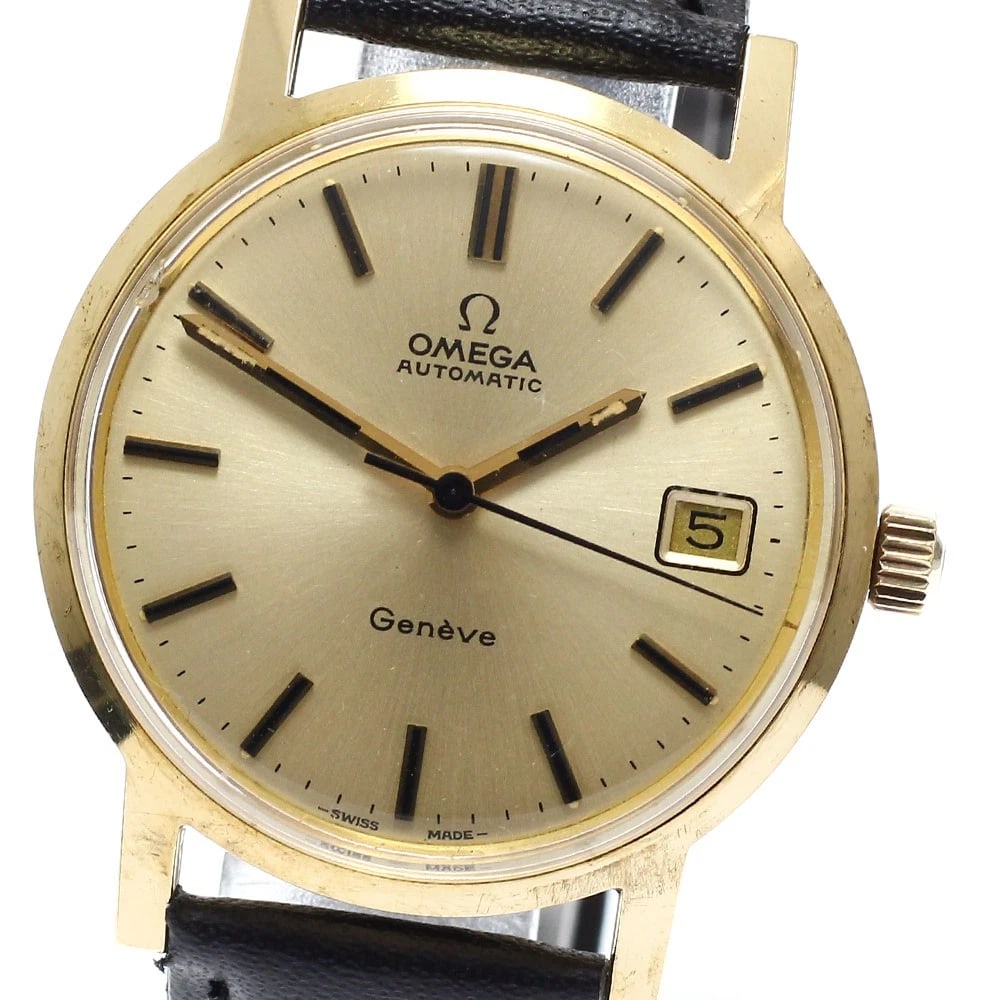 OMEGA GENEVE K18YG DATE GOLD DIAL AUTOMATIC WATCH: OMEGA Geneve K18YG Date gold Dial Automatic Watch Brand: OMEGA Type/Style: Wristwatch Material: Band Material leather, Case Material 18K Yellow Gold Color: Band Color black, Case Color gold, Dial Colo