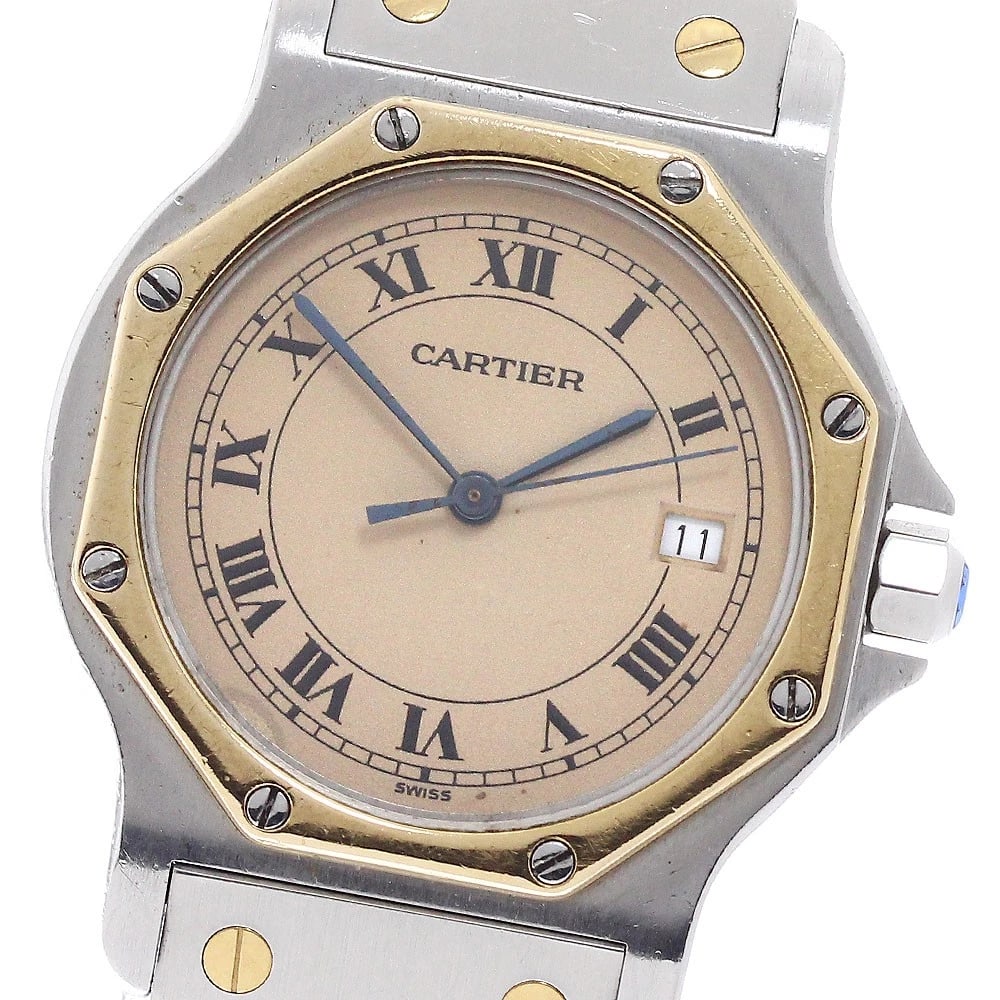 CARTIER SANTOS OCTAGON LM YG BEZEL BEIGE DIAL QUARTZ WATCH: CARTIER Santos Octagon LM YG bezel beige Dial Quartz Watch Brand: CARTIER Type/Style: Wristwatch Material: Band Material Stainless Steel/YG, Case Material Stainless Steel/YG Color: Band Color Silver