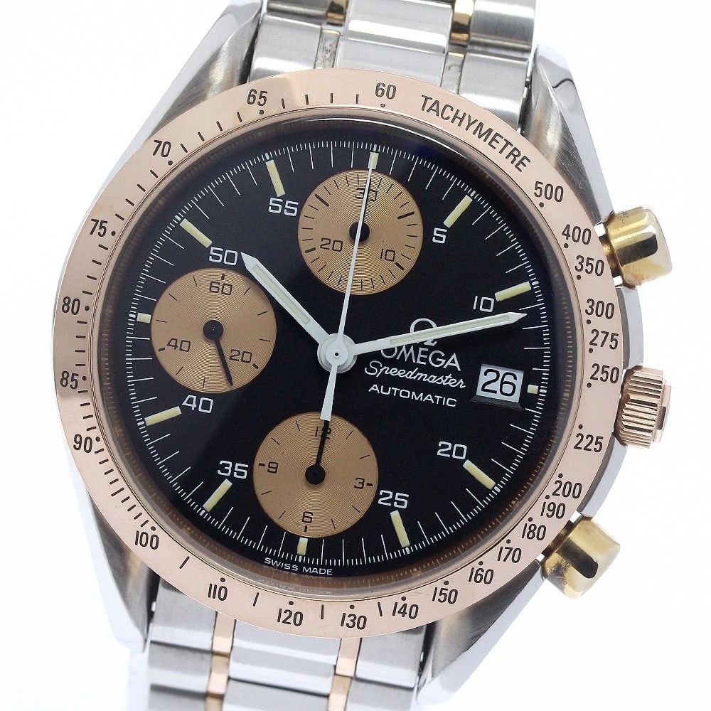OMEGA SPEEDMASTER DATE BLACK / GOLD DIAL AUTOMATIC WATCH: OMEGA Speedmaster Date Black / Gold Dial Automatic Watch Brand: OMEGA Type/Style: Wristwatch Material: Band Material Stainless Steel/PG, Case Material Stainless Steel/PG Color: Band Color Silver / Gol