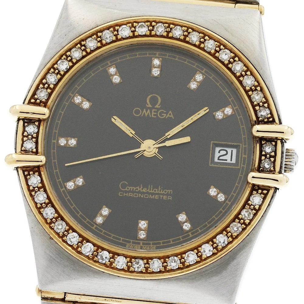 OMEGA CONSTELLATION DIAMOND BEZEL FULL BAR BLACK DIAL QUARTZ WATCH: OMEGA Constellation diamond bezel full bar black Dial Quartz Watch Brand: OMEGA Type/Style: Wristwatch Material: Band Material Stainless Steel/YG, Case Material Stainless Steel/YG Color: Band Color Si