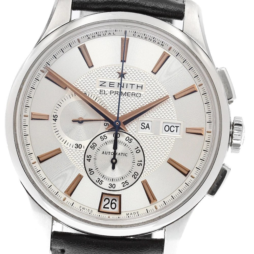 ZENITH CAPTAIN EL PRIMERO WINDSOR ANNUAL CALENDAR WATCH: ZENITH Captain El Primero Windsor Annual calendar Watch Brand: ZENITH Type/Style: Wristwatch Material: Band Material leather, Case Material Stainless Steel Color: Band Color black, Case Color Silver,