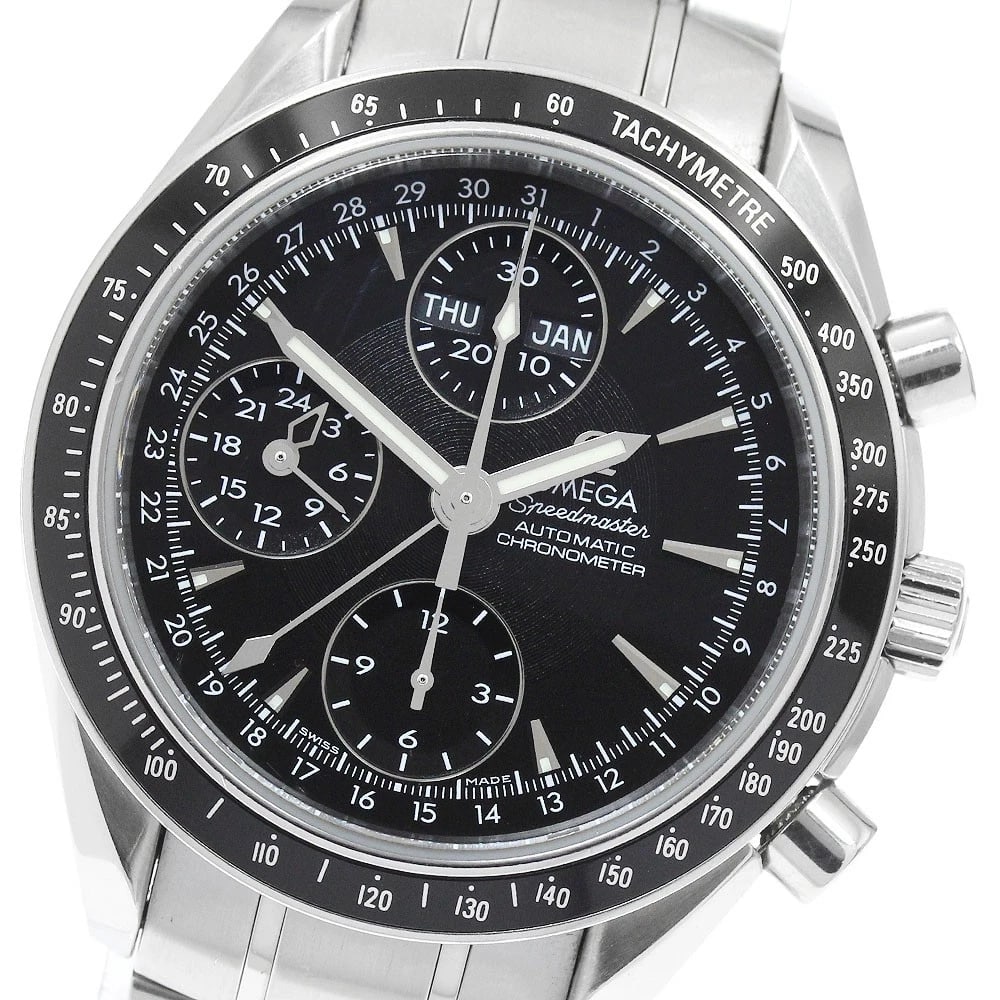 OMEGA SPEEDMASTER TRIPLE CALENDAR BLACK DIAL AUTOMATIC WATCH: OMEGA Speedmaster Triple calendar black Dial Automatic Watch Brand: OMEGA Type/Style: Wristwatch Material: Band Material Stainless Steel, Case Material Stainless Steel Color: Band Color Silver, Case