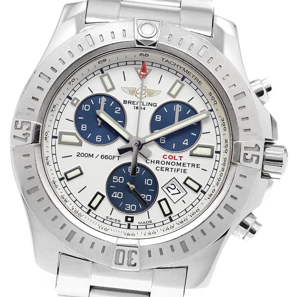 BREITLING COLT CHRONOGRAPH WHITE / NAVY DIAL QUARTZ WATCH: BREITLING Colt Chronograph White / Navy Dial Quartz Watch Brand: BREITLING Type/Style: Wristwatch Material: Band Material Stainless Steel, Case Material Stainless Steel Color: Band Color Silver, Case 