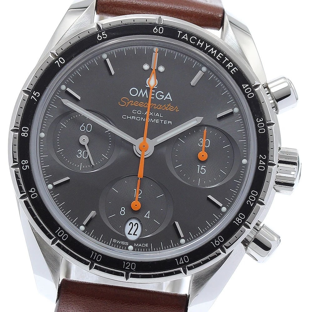 OMEGA SPEEDMASTER 38 CO-AXIAL CHRONOGRAPH WATCH: OMEGA Speedmaster 38 Co-Axial Chronograph Watch Brand: OMEGA Type/Style: Wristwatch Material: Band Material leather, Case Material Stainless Steel Color: Band Color Brown, Case Color Silver, Dial Colo