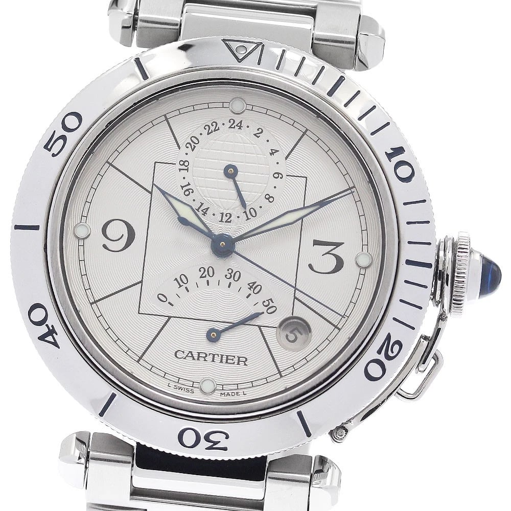CARTIER PASHA GMT POWER RESERVE DATE AUTOMATIC WATCH: CARTIER Pasha GMT power reserve date Automatic Watch Brand: CARTIER Type/Style: Wristwatch Material: Band Material Stainless Steel, Case Material Stainless Steel Color: Band Color Silver, Case Color S