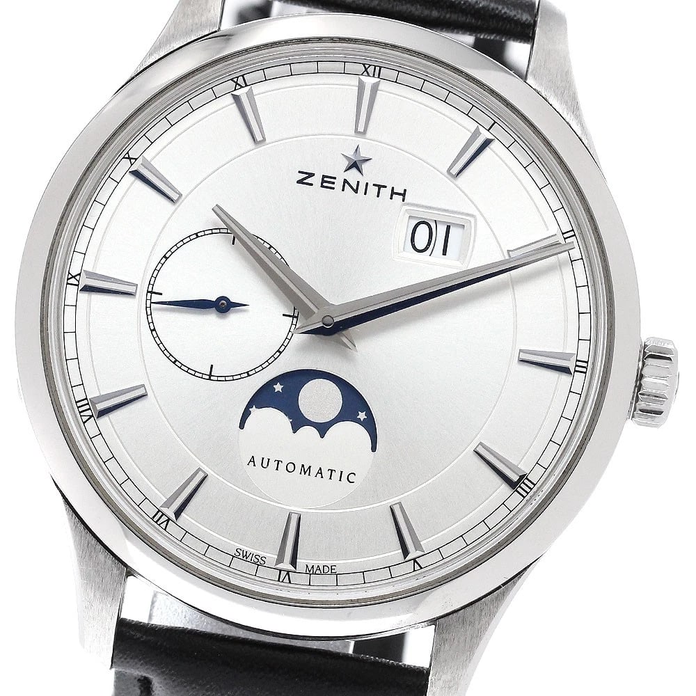 ZENITH CAPTAIN MOON PHASE SILVER DIAL AUTOMATIC WATCH: ZENITH captain Moon phase Silver Dial Automatic Watch Brand: ZENITH Type/Style: Wristwatch Material: Band Material leather, Case Material Stainless Steel Color: Band Color black, Case Color Silver,