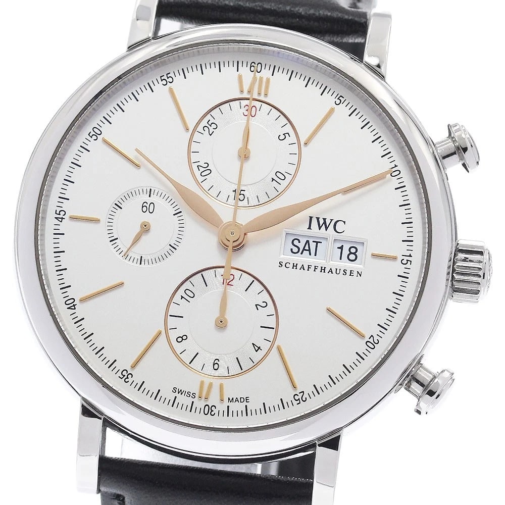 IWC SCHAFFHAUSEN PORTOFINO DAY-DATE CHRONOGRAPH AUTOMATIC WATCH: IWC SCHAFFHAUSEN Portofino Day-Date Chronograph Automatic Watch Brand: IWC SCHAFFHAUSEN Type/Style: Wristwatch Material: Band Material leather, Case Material Stainless Steel Color: Band Color black,