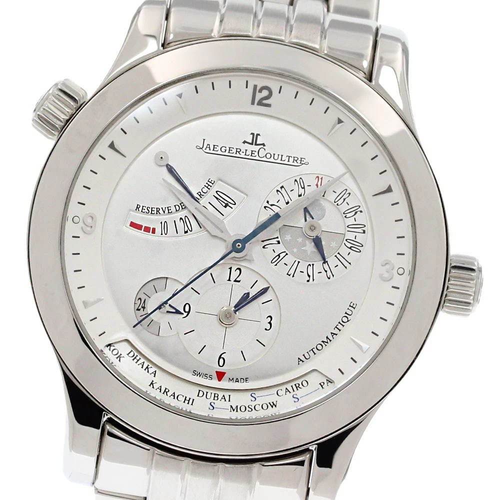 JAEGER-LECOULTRE MASTER GEOGRAPHY WATCH: JAEGER-LECOULTRE Master geography Watch Brand: JAEGER-LECOULTRE Type/Style: Wristwatch Material: Band Material Stainless Steel, Case Material Stainless Steel Color: Band Color Silver, Case Color Silve