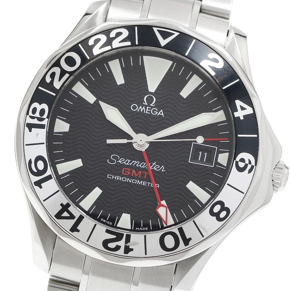 OMEGA SEAMASTER MODEL GMT AUTOMATIC WATCH: OMEGA Seamaster Model GMT Automatic Watch Brand: OMEGA Type/Style: Wristwatch Material: Band Material Stainless Steel, Case Material Stainless Steel Color: Band Color Silver, Case Color Silver, Dial C