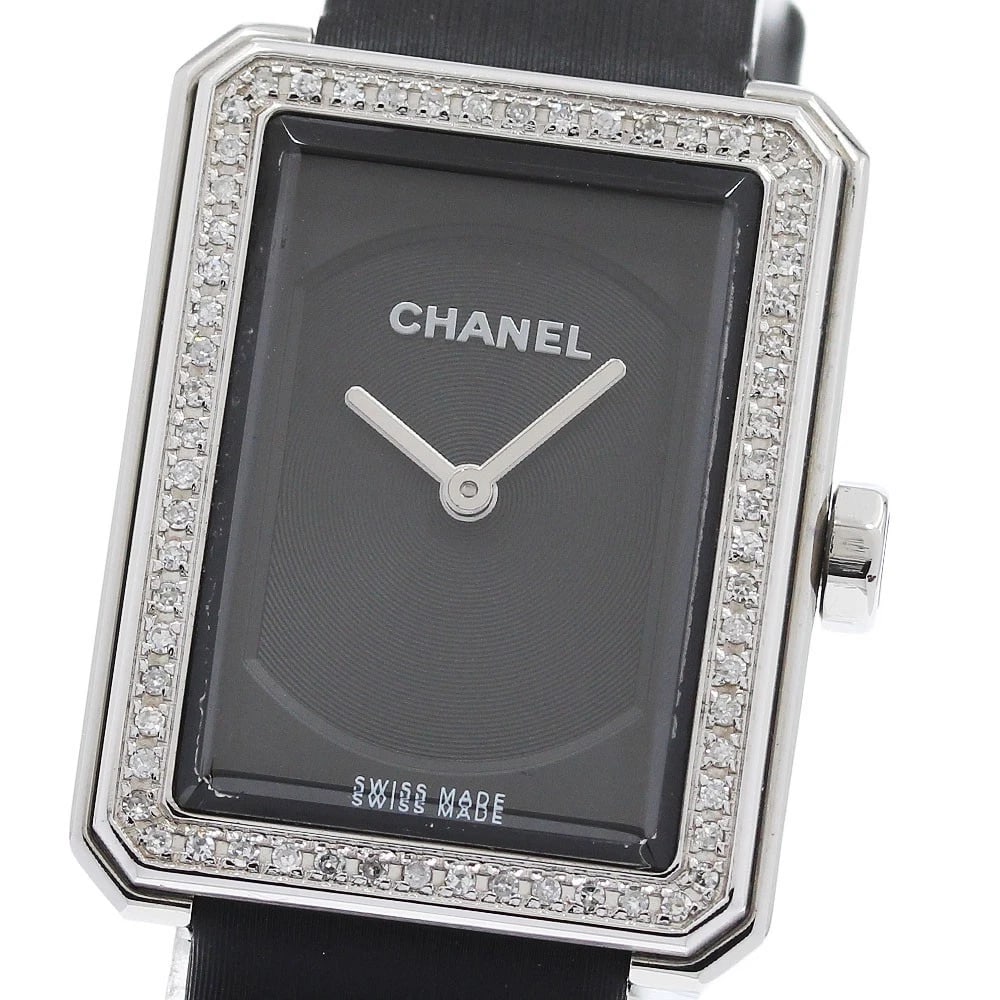 CHANEL DIAMOND BEZEL BLACK DIAL QUARTZ WATCH: CHANEL Diamond Bezel black Dial Quartz Watch Brand: CHANEL Type/Style: Wristwatch Material: Band Material Satin, Case Material Stainless Steel Color: Band Color black, Case Color Silver, Dial Color bl
