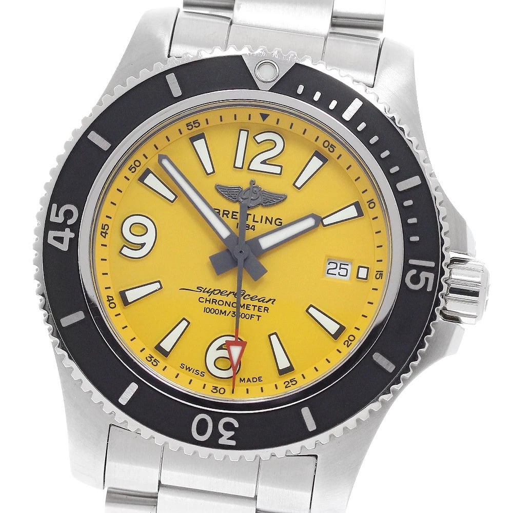 BREITLING SUPER OCEAN DATE YELLOW DIAL AUTOMATIC WATCH: BREITLING Super Ocean Date Yellow Dial Automatic Watch Brand: BREITLING Type/Style: Wristwatch Material: Band Material Stainless Steel, Case Material Stainless Steel Color: Band Color Silver, Case