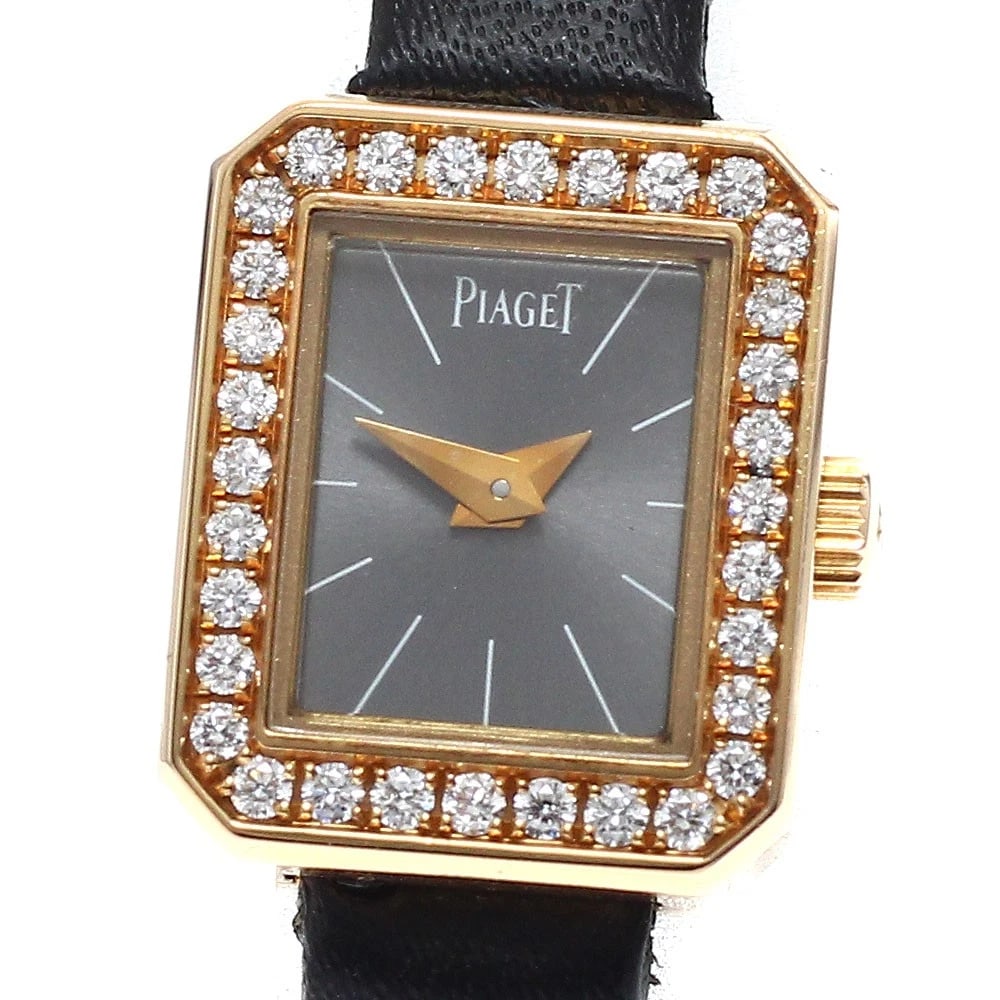 PIAGET MINI PROTOCOL DIAMOND BEZEL QUARTZ WATCH: PIAGET Mini protocol diamond bezel Quartz Watch Brand: PIAGET Type/Style: Wristwatch Material: Band Material leather, Case Material 18K Pink Gold Color: Band Color black, Case Color Pink gold, Dial