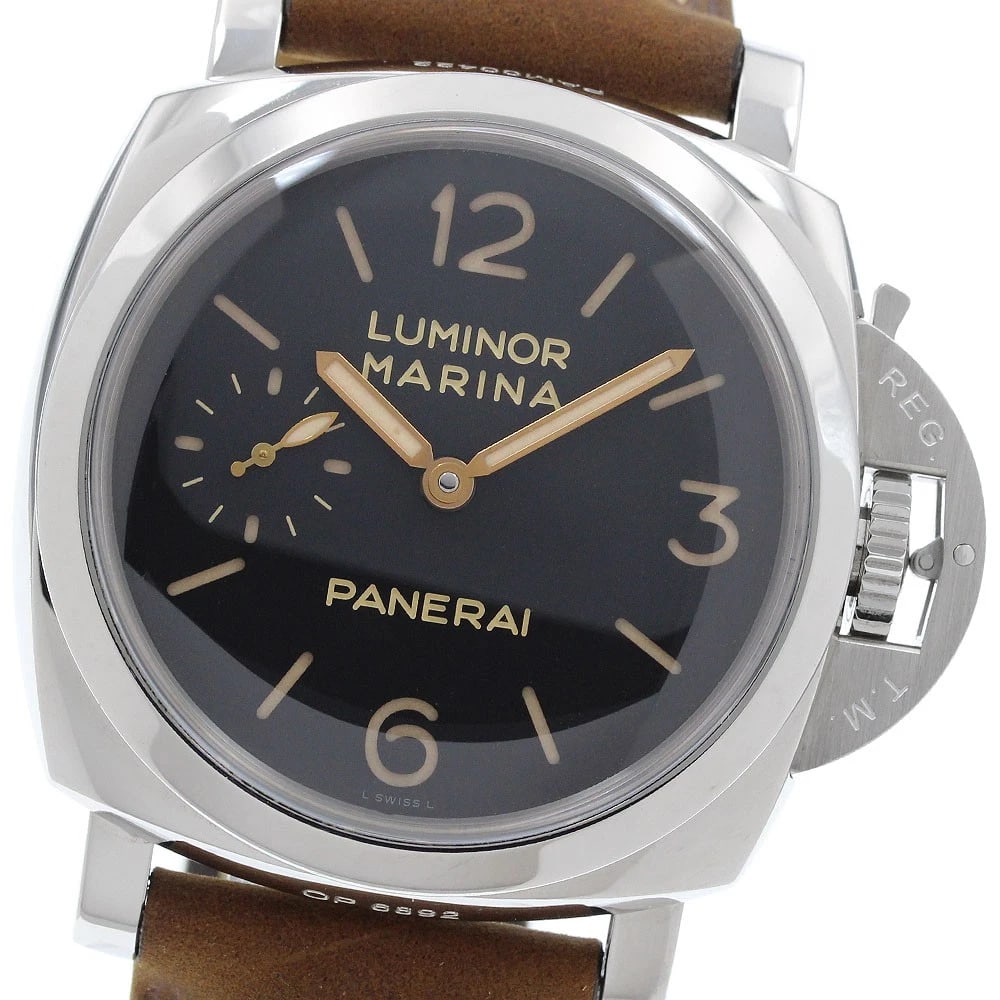 PANERAI LUMINOR MARINA HAND WINDING WATCH: PANERAI Luminor Marina Hand Winding Watch Brand: PANERAI Type/Style: Wristwatch Material: Band Material leather, Case Material Stainless Steel Color: Band Color Brown, Case Color Silver, Dial Color