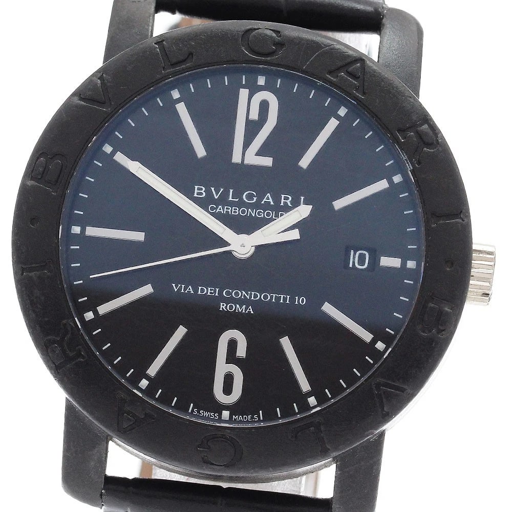BVLGARI DATE BLACK DIAL AUTOMATIC WATCH: BVLGARI Date black Dial Automatic Watch Brand: BVLGARI Type/Style: Wristwatch Material: Band Material leather, Case Material carbon Color: Band Color black, Case Color black, Dial Color black Size:
