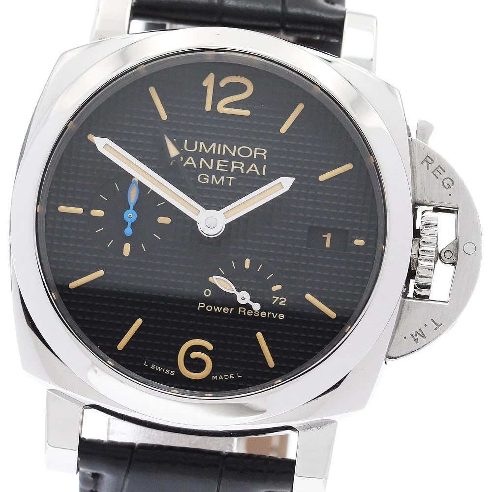 PANERAI LUMINOR GMT AUTOMATIC WATCH: PANERAI Luminor GMT Automatic Watch Brand: PANERAI Type/Style: Wristwatch Material: Band Material leather, Case Material Stainless Steel Color: Band Color black, Case Color Silver, Dial Color black