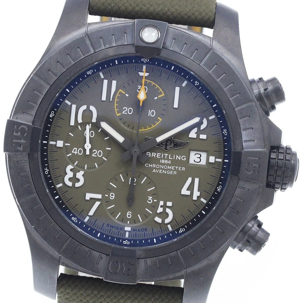 BREITLING AVENGER CHRONOGRAPH 45 MISSION AUTOMATIC WATCH: BREITLING Avenger Chronograph 45 Mission Automatic Watch Brand: BREITLING Type/Style: Wristwatch Material: Band Material leather, Case Material titanium Color: Band Color khaki/yellow, Case Color