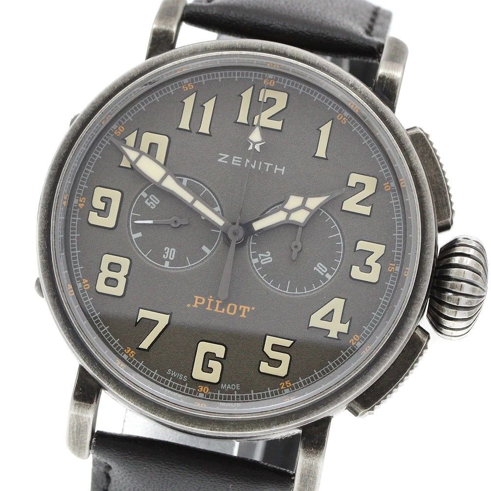 ZENITH PILOT CHRONOGRAPH AUTOMATIC WATCH: ZENITH Pilot Chronograph Automatic Watch Brand: ZENITH Type/Style: Wristwatch Material: Band Material leather, Case Material Stainless Steel Color: Band Color black, Case Color gray, Dial Color gray S