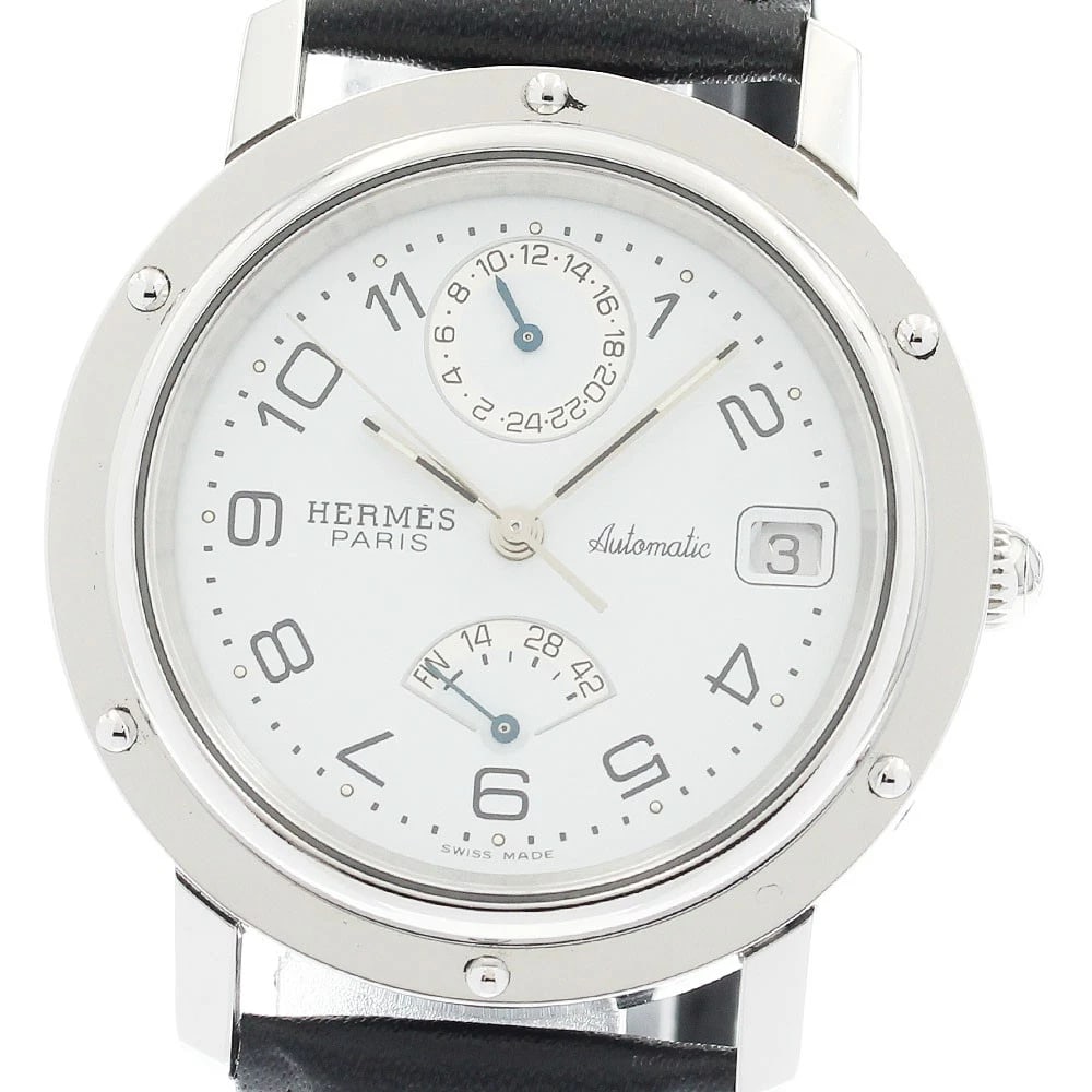 HERMES CLIPPER POWER RESERVE GMT WHITE DIAL AUTOMATIC WATCH: HERMES Clipper Power reserve GMT white Dial Automatic Watch Brand: HERMES Type/Style: Wristwatch Material: Band Material leather, Case Material Stainless Steel Color: Band Color black, Case Color