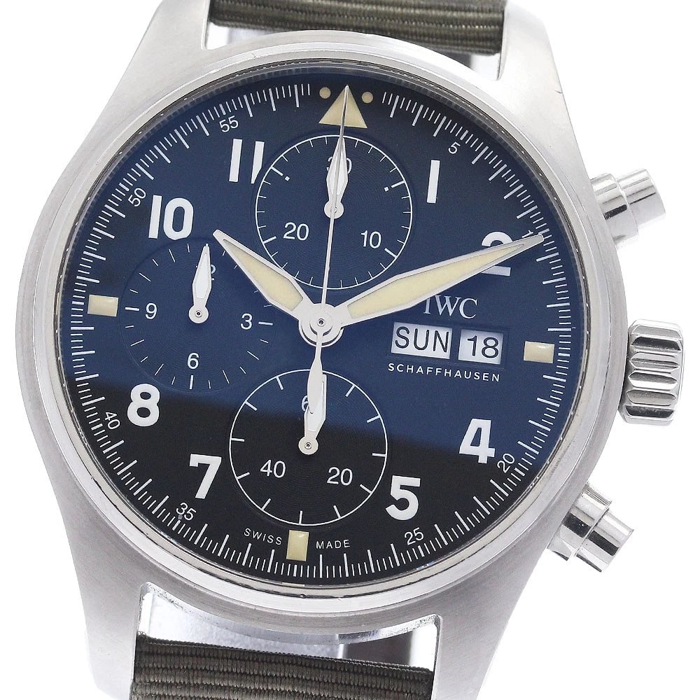 IWC SCHAFFHAUSEN PILOT WATCH SPIT FIRE CHRONOGRAPH WATCH: IWC SCHAFFHAUSEN Pilot watch spit fire Chronograph Watch Brand: IWC SCHAFFHAUSEN Type/Style: Wristwatch Material: Band Material Nylon / leather, Case Material Stainless Steel Color: Band Color green,