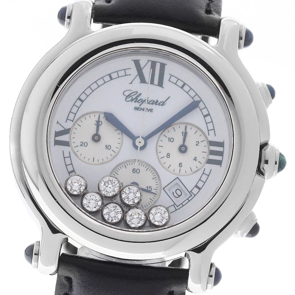 CHOPARD HAPPY SPORTS DIAMOND CHRONOGRAPH QUARTZ WATCH: Chopard Happy sports diamond chronograph Quartz Watch Brand: Chopard Type/Style: Wristwatch Material: Band Material leather, Case Material Stainless Steel Color: Band Color black, Case Color Silver,