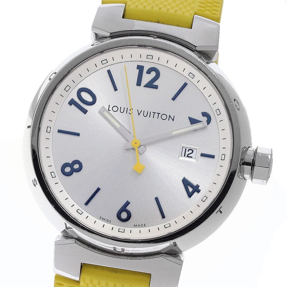 LOUIS VUITTON TAMBOUR DATE SILVER DIAL QUARTZ WATCH: LOUIS VUITTON Tambour Date Silver Dial Quartz Watch Brand: LOUIS VUITTON Type/Style: Wristwatch Material: Band Material rubber, Case Material Stainless Steel Color: Band Color yellow, Case Color