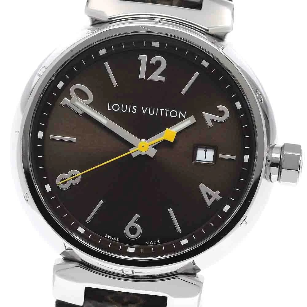 LOUIS VUITTON TAMBOUR DATE BROWN DIAL QUARTZ WATCH: LOUIS VUITTON Tambour Date Brown Dial Quartz Watch Brand: LOUIS VUITTON Type/Style: Wristwatch Material: Band Material leather, Case Material Stainless Steel Color: Band Color Brown, Case Color