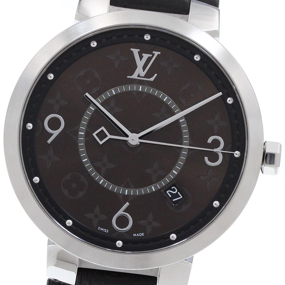 LOUIS VUITTON TAMBOUR SLIM MONOGRAM DATE QUARTZ WATCH: LOUIS VUITTON Tambour Slim Monogram Date Quartz Watch Brand: LOUIS VUITTON Type/Style: Wristwatch Material: Band Material leather, Case Material Stainless Steel Color: Band Color Brown, Case Color