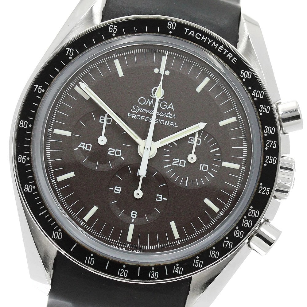 OMEGA SPEEDMASTER PROFESSIONAL HAND WINDING WATCH: OMEGA Speedmaster Professional Hand Winding Watch Brand: OMEGA Type/Style: Wristwatch Material: Band Material rubber, Case Material Stainless Steel Color: Band Color black, Case Color Silver, Dial Col