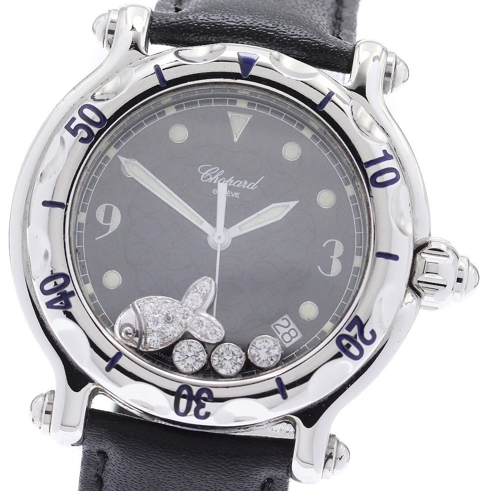 CHOPARD HAPPY SPORT HAPPY FISH DATE BLACK DIAL QUARTZ WATCH: Chopard Happy sport happy fish Date black Dial Quartz Watch Brand: Chopard Type/Style: Wristwatch Material: Band Material leather, Case Material Stainless Steel Color: Band Color black, Case Color Sil