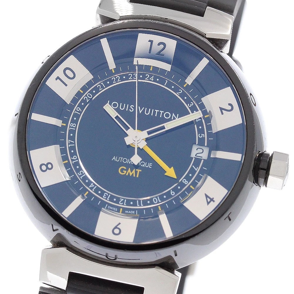 LOUIS VUITTON TAMBOUR BLACK GMT DATE AUTOMATIC WATCH: LOUIS VUITTON Tambour Black GMT date Automatic Watch Brand: LOUIS VUITTON Type/Style: Wristwatch Material: Band Material rubber, Case Material Stainless Steel Color: Band Color black, Case Color Black