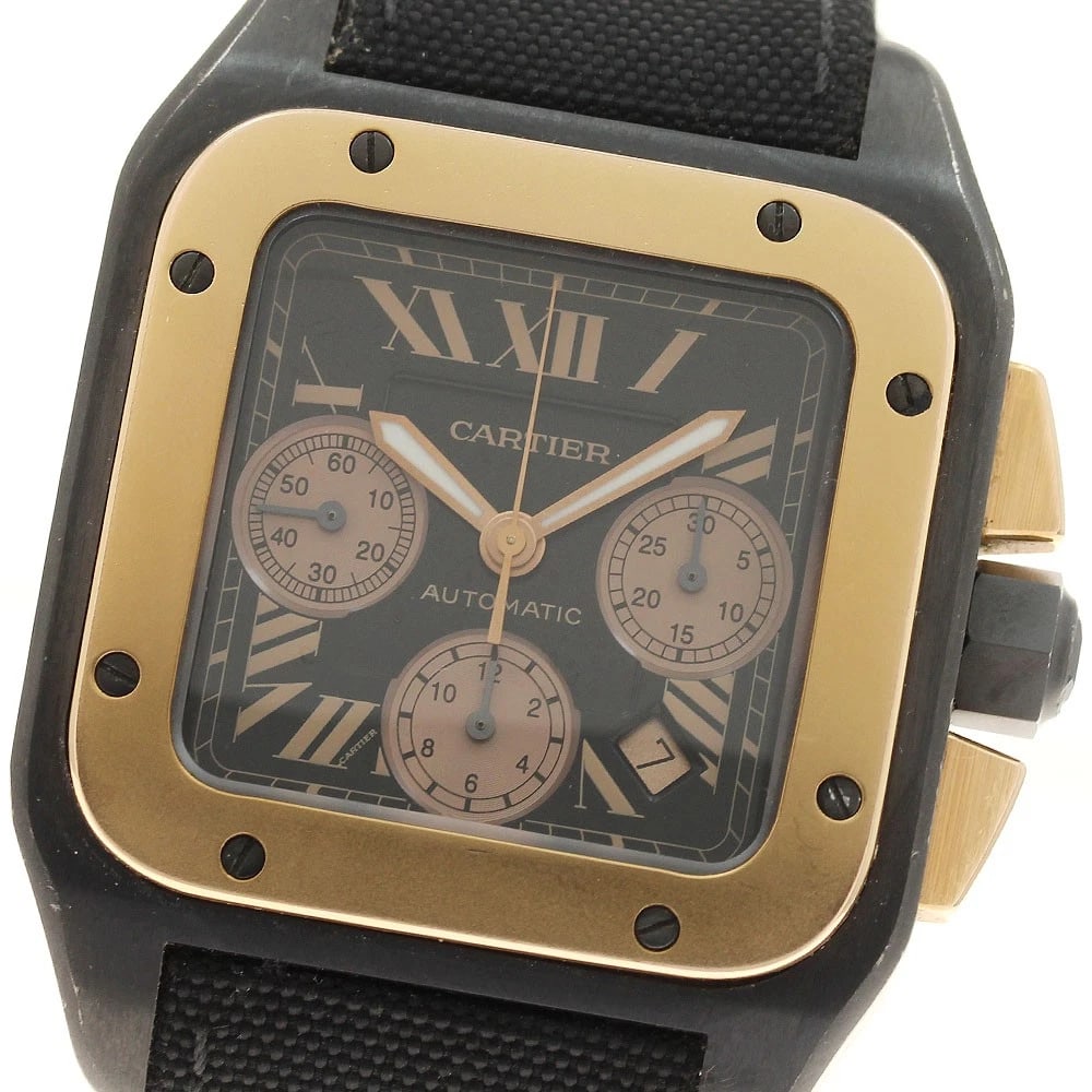 CARTIER SANTOS K18PGBEZEL CHRONOGRAPH AUTOMATIC WATCH: CARTIER Santos K18PGBezel Chronograph Automatic Watch Brand: CARTIER Type/Style: Wristwatch Material: Band Material Leather / nylon, Case Material Titanium / PG Color: Band Color black, Case Color